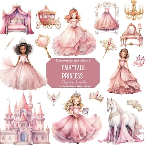 Clipart di principessa delle fiabe / Castello delle fiabe / Fantasy / Cavallo e carrozza / Reale / Clipart per uso commerciale / PNG trasparente