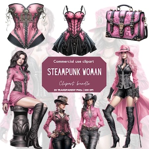 Steampunk Woman Clipart | Ephemera | Victorian | Fantasy | Junk Journal | Corset | Stiletto | Handbag | Burlesque
