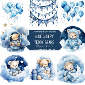 Blue Sleeping Teddy Bear Clipart | Baby Shower Clipart | Boho Teddy Bear | Bear on the moon | Cute Teddy | Teddy on cloud | Stars and clouds