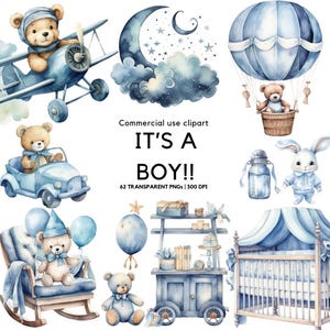 Its a Boy-clipartpakket | Blauwe babyshower | Kunst aan de muur voor de kinderkamer | Clipart babyjongen | Teddybeervlieg | Blauwe heteluchtballon | Pasgeboren clipart