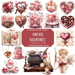 Watercolor Vintage Valentine&#39;s Clipart | Nostalgic Valentines | Retro Valentine Card | Clipart for Commercial Use | Transparent PNG