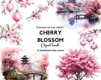 May include: A digital clipart bundle featuring watercolor illustrations of cherry blossom branches, pink paper lanterns, a pagoda by a river with a bridge, and a full cherry blossom tree. Text reads: Commercial use clipart CHERRY BLOSSOM Clipart bundle 23 TRANSPARENT PNGs | 300 DPI.