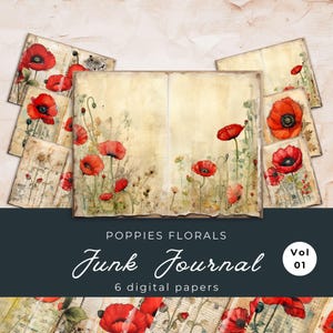Mohnblumen Junk Journal Pages Vol1 | Floral 6 Digitales Journal | Mohnblume Sammelalbum | Notizbuch Sommer | US Papiergröße | JJ011