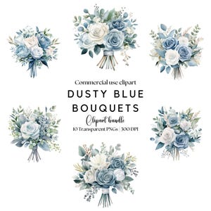 Dusty Blue Floral Bouquet Clipart | Dusty Blue Flowers | Blue Roses | Dusty Blue Wedding Invitation | Blue Flowers | Watercolor Florals