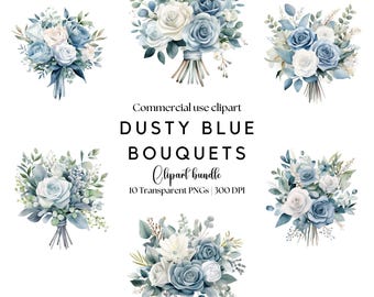 Dusty Blue Floral Bouquet Clipart: Watercolor Wedding Flowers (Digital Download)