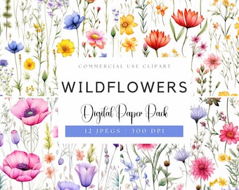 Papeles digitales de flores silvestres en acuarela: Fondos florales (JPEG)