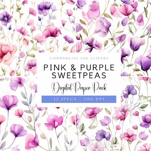 Pacote de papel digital de ervilha-de-cheiro rosa suave e roxo | Florais em aquarela | Flor botânica de nascimento de abril | Fundo floral | Papéis de ervilha-de-cheiro