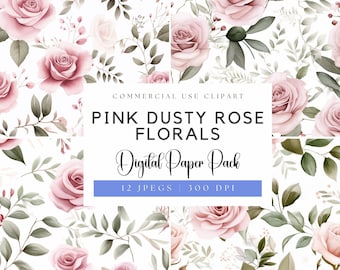 Dusty Pink Rose Digital Papers: Watercolor Floral Backgrounds (JPEGs)