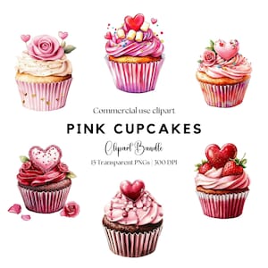 Pink Valentines Cupcake Clipart | Watercolor Cupcake | Valentines Day PNG | Dessert Clipart | Bakery Clipart | Pink Cupcake Png
