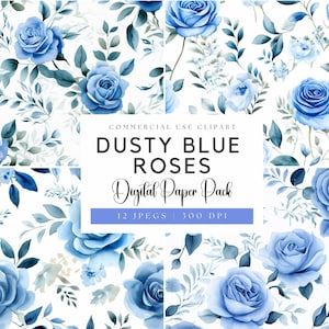 Watercolor Dusty Blue Rose Digital Papers | Blue Floral Bouquet | Blue Flowers | Blue Wedding Invitation | Blue rose flower | Blue rose png