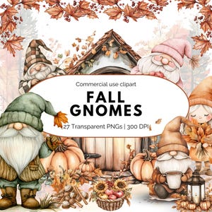 Watercolor Fall Gnomes Clipart PNG, Cute Autumn Gnome Sublimation, Thanksgiving Gnome Digital Download
