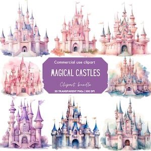 Aquarell Magisches Schloss Clipart | Zauberhaftes Königreich | Märchenschloss | Kleine Prinzessin | Prinzessin Geburtstag | Märchen | Kinderzimmer Dekor