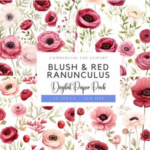 Carta digitale Watercolor Blush & Red Ranunculus / Fiori ad acquerello / Fiori di ranuncolo / / Fiori da matrimonio / Inviti per matrimonio