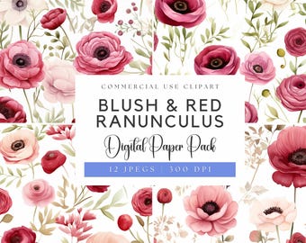 Watercolor Ranunculus Digital Papers: Blush & Red Floral (Digital Download)