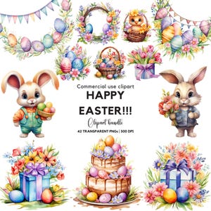 Watercolor Easter Clipart: Bunny & Eggs PNG, Commercial Use (Digital Download)