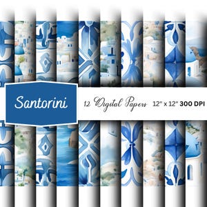 Aquarell Santorini Digitale Papiere | Druckbares Papier | Nahtloses Muster | Digitales Kunsthandwerk | Santorini Griechenland | Bestimmungsort Hochzeit