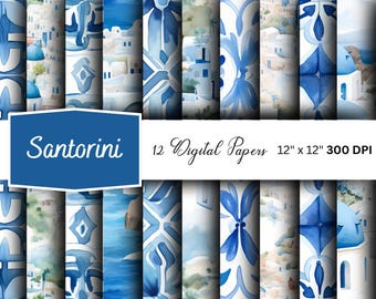 Watercolor Santorini Digital Paper: Seamless Greek Patterns (Digital Download)