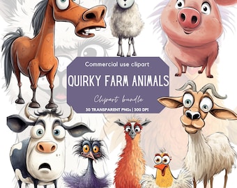 Quirky Farm Animal Clipart | Cute Farm Animals | Barn Animals | Funny Animal | Quirky Cow| Whimsical | Sheep | Goat | Pig | Chicken | Llama