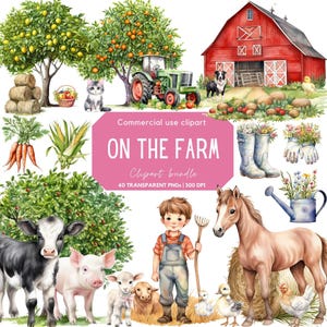 On the Farm Clipart | Watercolor farm animal png | Baby animals | Cute farm animal | Cow | Pig | Duck | Chicken | Horse | Goat | Lamb | Barn