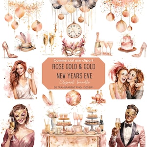 Clipart Réveillon du Nouvel An | Clipart célébration | Clipart Nye | Or rose et fête des cliparts or | Clipart pour usage commercial | PNG transparents
