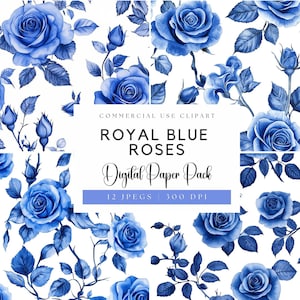 Digitaal papier koningsblauwe roos | Blauwe bloem, png | Blauwe bloemen, png | Aquarelbloemen | Bruiloftsbloemen | Blauwe roos achtergrond