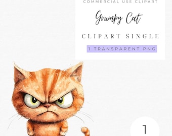 Clipart de Gato Gruñón: Pegatina de Gato Divertida, Envoltorio para Vaso (Descarga Digital PNG)