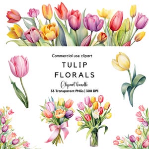 Clipart floral de tulipán en acuarela / Tulipanes pastel / Marco floral / Flores de primavera / Flores de boda / Flores de primavera