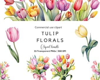 May include: Watercolor clipart bundle featuring colorful tulips in various arrangements. The image includes individual flowers and bouquets in shades of pink, yellow, orange, and purple, with green leaves. Text reads "TULIP FLORALS Clipart bundle".