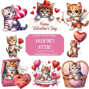 Clipart chatons de la Saint-Valentin | Chat mignon | Chaton mignon | Romantique | jour de l'amour | Animal mignon | Clipart pour usage commercial | PNG transparents