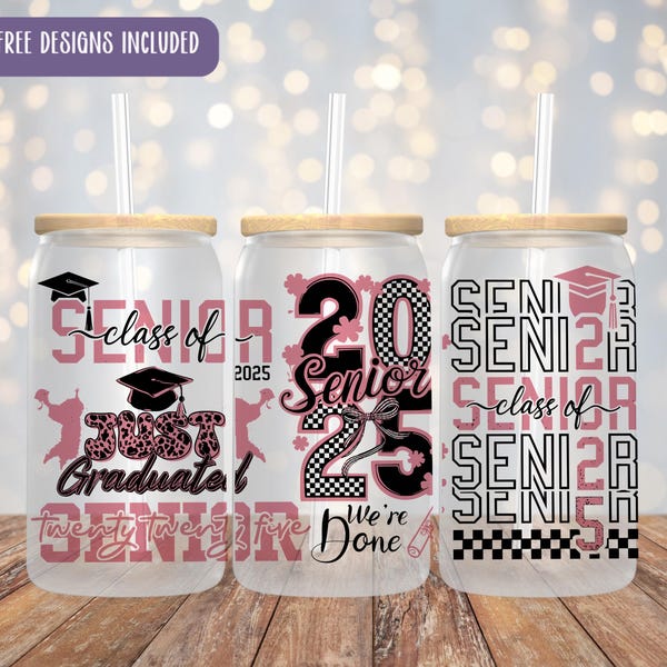 Graduation Glass Can Wrap PNG, Class of 2025, Pink retro glass can wrap, Graduation cap, Seniors 2025 png, glass can wrap, UVDTF design