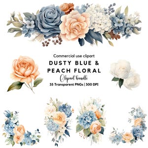 Clipart floral azul e pêssego empoeirado PNG, flores e buquês em aquarela, elementos de design de convite de casamento, download instantâneo