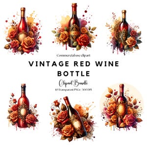 Watercolor Wine Clipart: Red Wine Bottle, Glasses and Grapes Digital Download