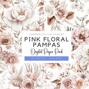 Carta digitale floreale rosa con Pampas / Floreale Boho / Erba della Pampa / Rosa antico / Matrimonio Boho / Fiori Boho / Sfondo floreale Boho