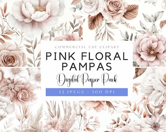 Pink Floral Pampas Digital Papers: Boho Wedding Backgrounds (Digital Download)
