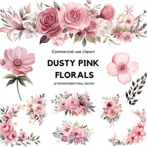 Bloemenclipart in oudroze: Aquarel bloemenboeket (digitale download)