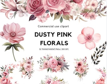 May include: A collection of digital floral illustrations featuring dusty pink roses, anemones, and assorted greenery. The text reads Commercial use clipart DUSTY PINK FLORALS 32 TRANSPARENT PNGs | 300 DPI. These botanical elements are arranged in bouquets.