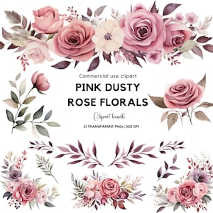 Dusty Rose aquarel clipart: Roze bloemenrand (PNG, commercieel gebruik) afbeelding 1