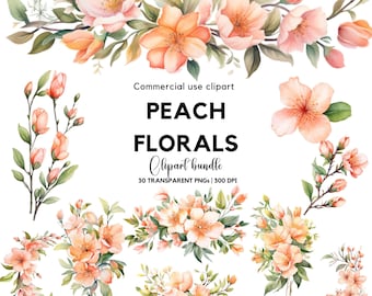 Watercolor Peach Floral Clipart: Wedding Invitation Graphics (Commercial Use)
