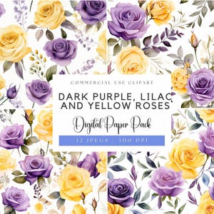 Dark purple, Lilac and Yellow rose Digital Papers | Floral Background | Wedding Invite | Yellow roses | Purple roses | Spring florals
