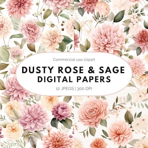 Dusty Rose & Sage Floral Digital Paper: Watercolor Scrapbook Paper (12x12 JPGs, 300 DPI)