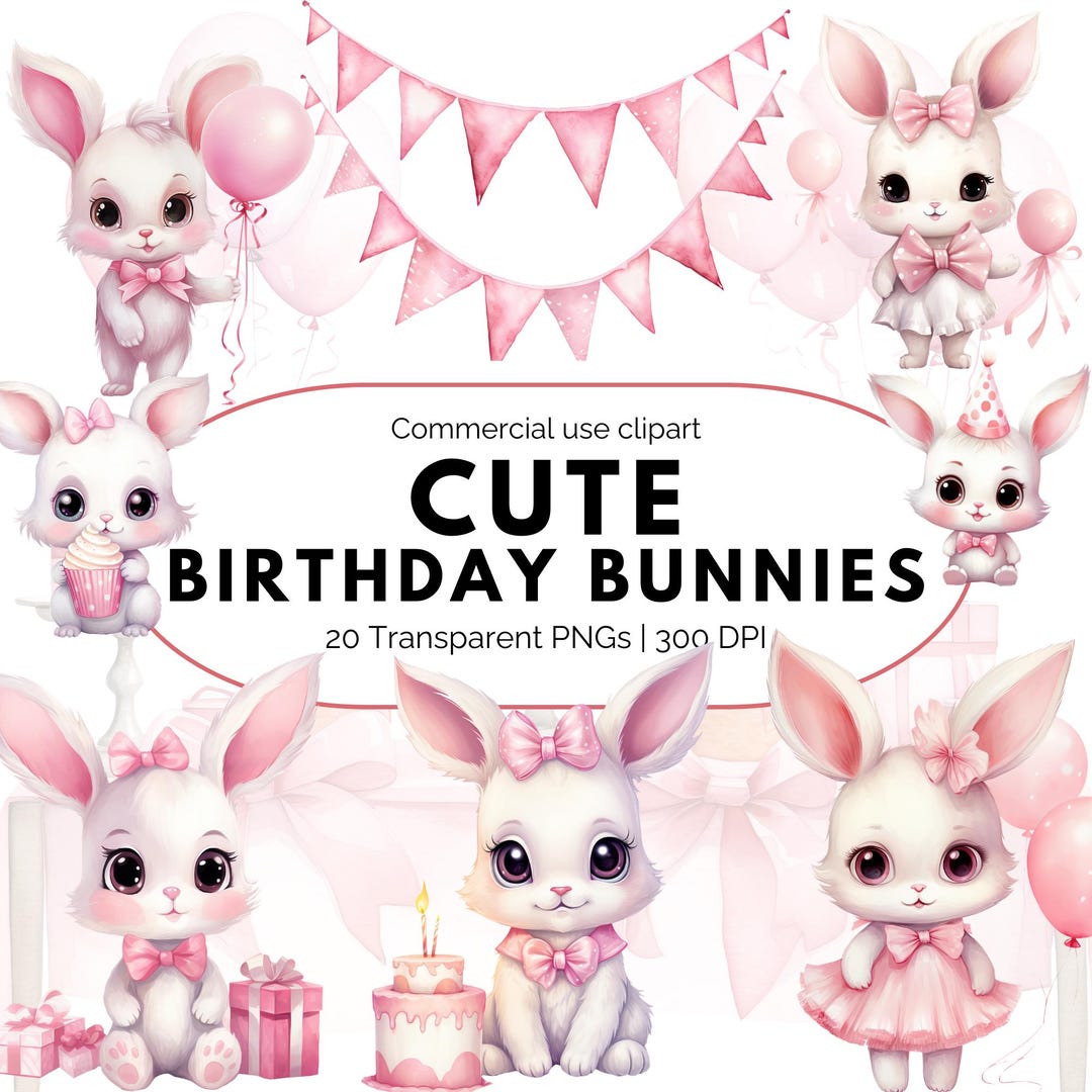 Pink Birthday Bunny Clipart Bundle, Cute Bunny Party PNG, Baby Shower ...