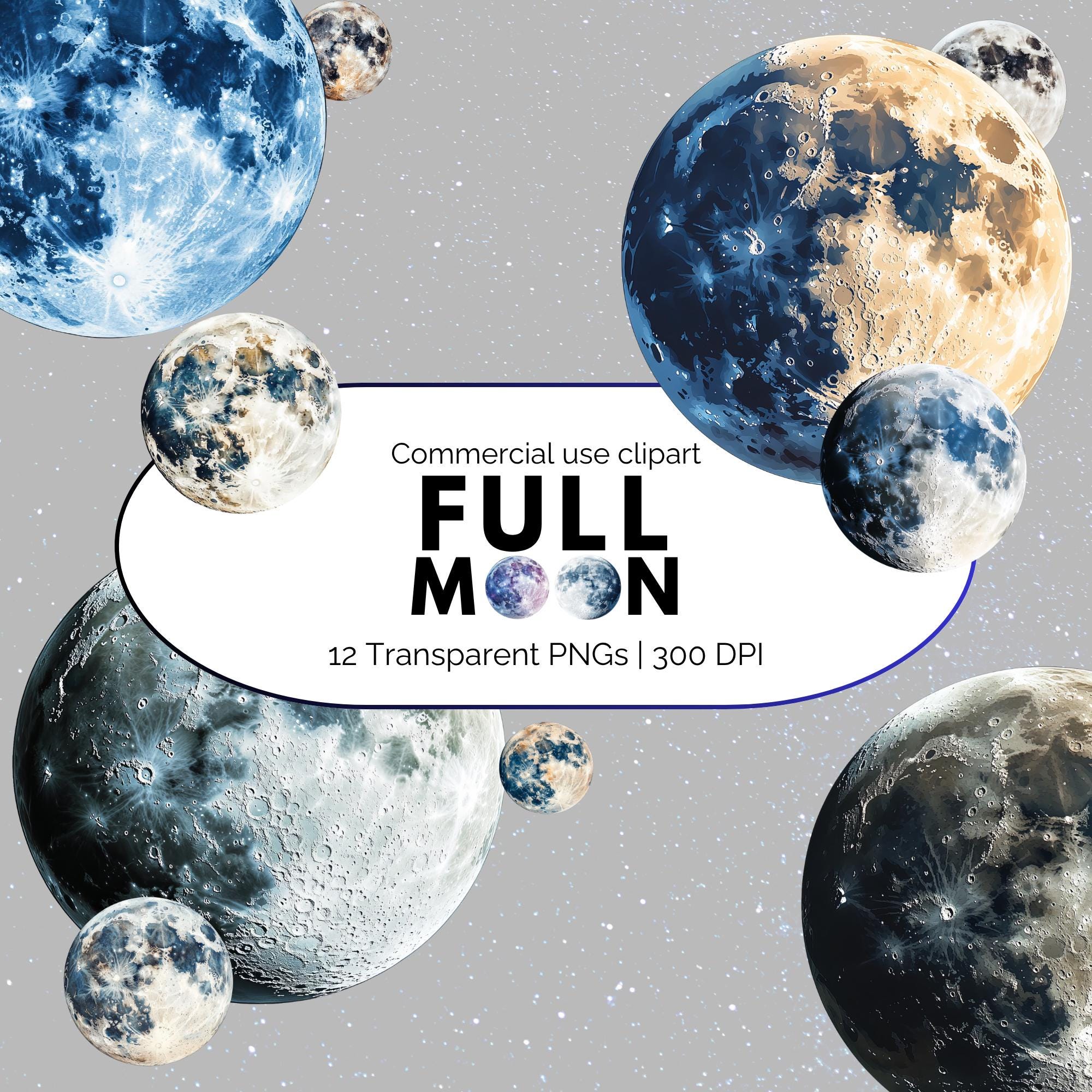 Watercolor Full Moon Clipart: Halloween Celestial PNG Images