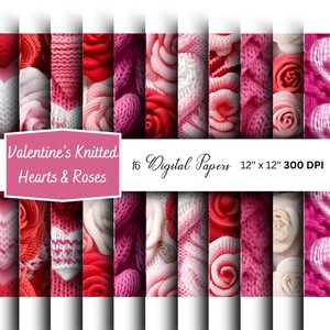 Valentinstag gestrickte Herzen & Rosen Musterdesign | Valentinstag Muster | Muster wiederholen | Clipart für Kommerzielle Nutzung | Digitale Papiere