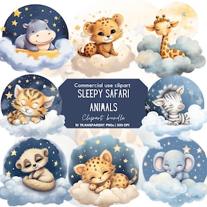 Watercolor Sleepy Safari Animals Clipart | Jungle Clipart | Safari Baby Shower | Nursery decor | Jungle Animals Png | Cute Safari Animals