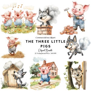 Clipart dei tre porcellini / Il lupo cattivo / Maialino carino / Filastrocca / Libro di fiabe / PNG dei 3 porcellini / Decorazioni per la cameretta dei bambini