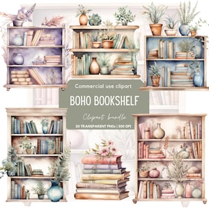 Watercolor Boho Bookshelf Clipart | Bookworm | Library | Book Lover | Floral book | Book with flowers | Junk Journal | Scrapbook images