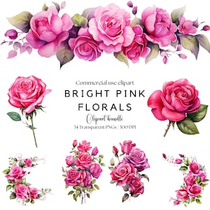 Clipart floral de rosa fucsia en acuarela / Flores de color rosa brillante / Flor fucsia Png / Flores rosas / Flores fucsias / Flores de boda
