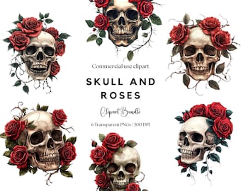 Skull and Roses Clipart: Gothic Tattoo Design PNG, Halloween Printable