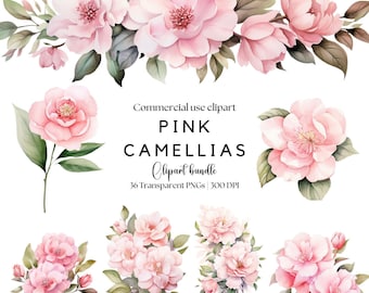 Watercolor Pink Camellias Clipart: Spring Wedding Flowers (Digital Download)