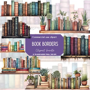 Watercolor Book Borders Clipart | Vintage Book Art | Library Books | Reading | Gothic bookshelf | Vintage bookshelf | Boho Bookshelf